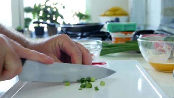 Man in the Kitchen Chopping Spring Onion for Salad — Stock Video