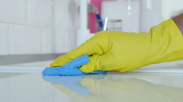 Closeup Image Person Hands Wearing Protective Yellow Household Gloves Cleaning — Stock Photo, Image