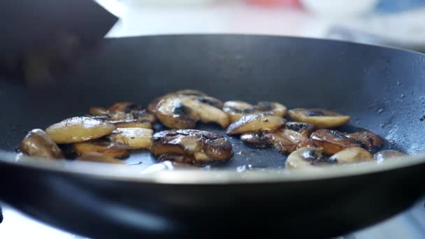 Close Up Tiro com cogumelos cozidos em uma panela quente — Vídeo de Stock