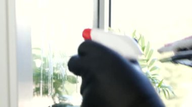 Erkek Ellerini Koruyucu Eldivenle Kapat Pencereyi Temizle Spreyli Sıvı Kullan