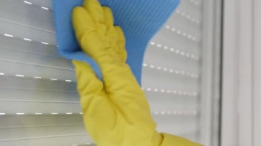 Hands Protected with Household Gloves, Cleaning Dirty Window Surface Using a Clean Wipe and Liquid Detergent.