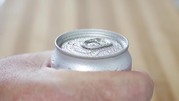 Close up Shooting with a Thirsty Person Opening a Refreshing Soda Pop Can Drink. — Stok video