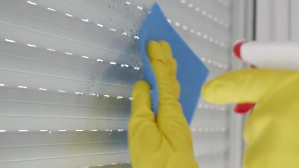 Händerna skyddade med handskar, rengöring av fönsterytan med desinfektionsmedel vätska och en ren servett. — Stockvideo