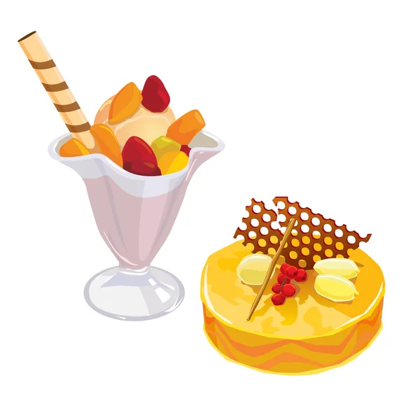 Helado de frutas y pastel de limón con miel y chocolate — Archivo Imágenes Vectoriales