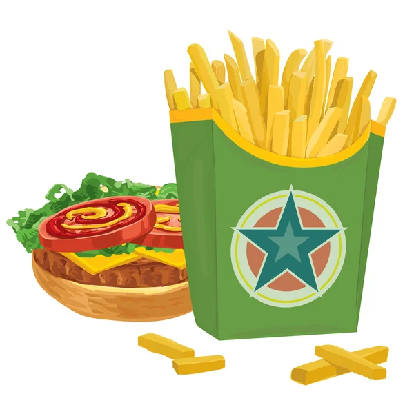 緑箱、ハンバーガーにフライド ポテト — ストックベクタ