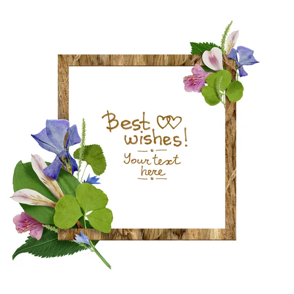 Greeting card with wooden frame and colorful flowers and leaves