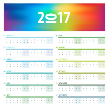 Takvim 2017 yılı kılavuz tasarım İngilizce izole üzerinde beyaz arka plan