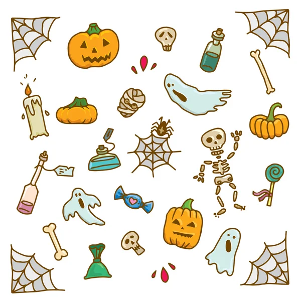 Halloween illustration set with pampkin, ghost, cat, bone and poison — Stock Vector