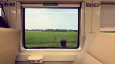 Tren penceresinden bak. Uzun mesafeli trenin penceresinden güzel bir manzara, yeşil pirinç tarlaları yayılıyor ve pirinç tarlalarının kenarındaki gölgeli ağaçlar hafif bir yağmur altında.