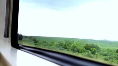 Tren penceresinden bak. Uzun mesafeli trenin penceresinden güzel bir manzara, yeşil pirinç tarlaları yayılıyor ve pirinç tarlalarının kenarındaki gölgeli ağaçlar hafif bir yağmur altında.