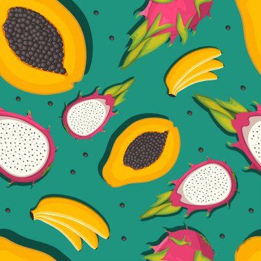 Egzotik meyve deseni: papaya, muz ve ejderha meyvesi. vektör illüstrasyonu.