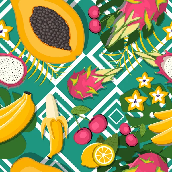 Modèle Fruits Exotiques Papaye Banane Fruit Dragon Illustration Vectorielle — Image vectorielle