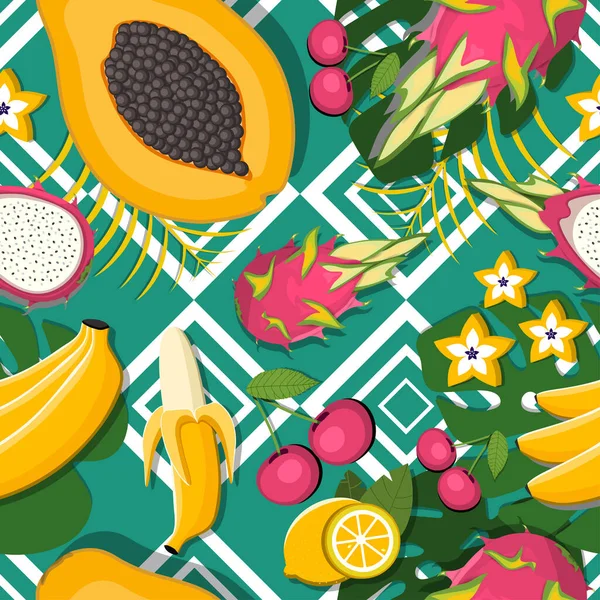 Egzotik meyve deseni: papaya, muz ve ejderha meyvesi. vektör illüstrasyonu.