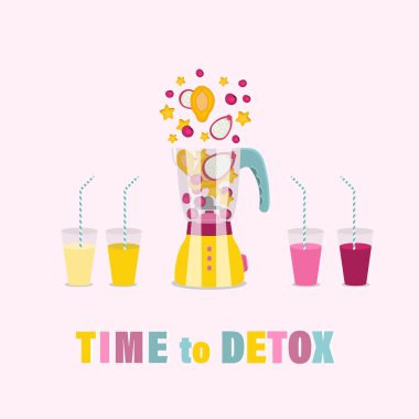 Detoks zamanı. İçinde lezzetli meyveler olan blender. Yaz, meyve püresi, diyet, yeşil, sağlıklı meyve suyu, blender, çiğ, vegan. vektör illüstrasyonu.