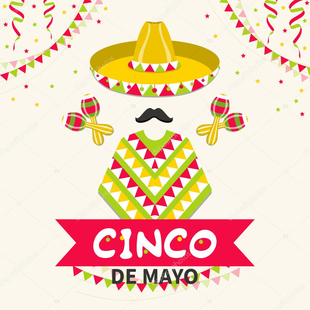 Mexico traditional fiesta. Cinco de Mayo Mexican holiday celebration greeting card. Traditional mexican poncho and hat. Vector illustration.