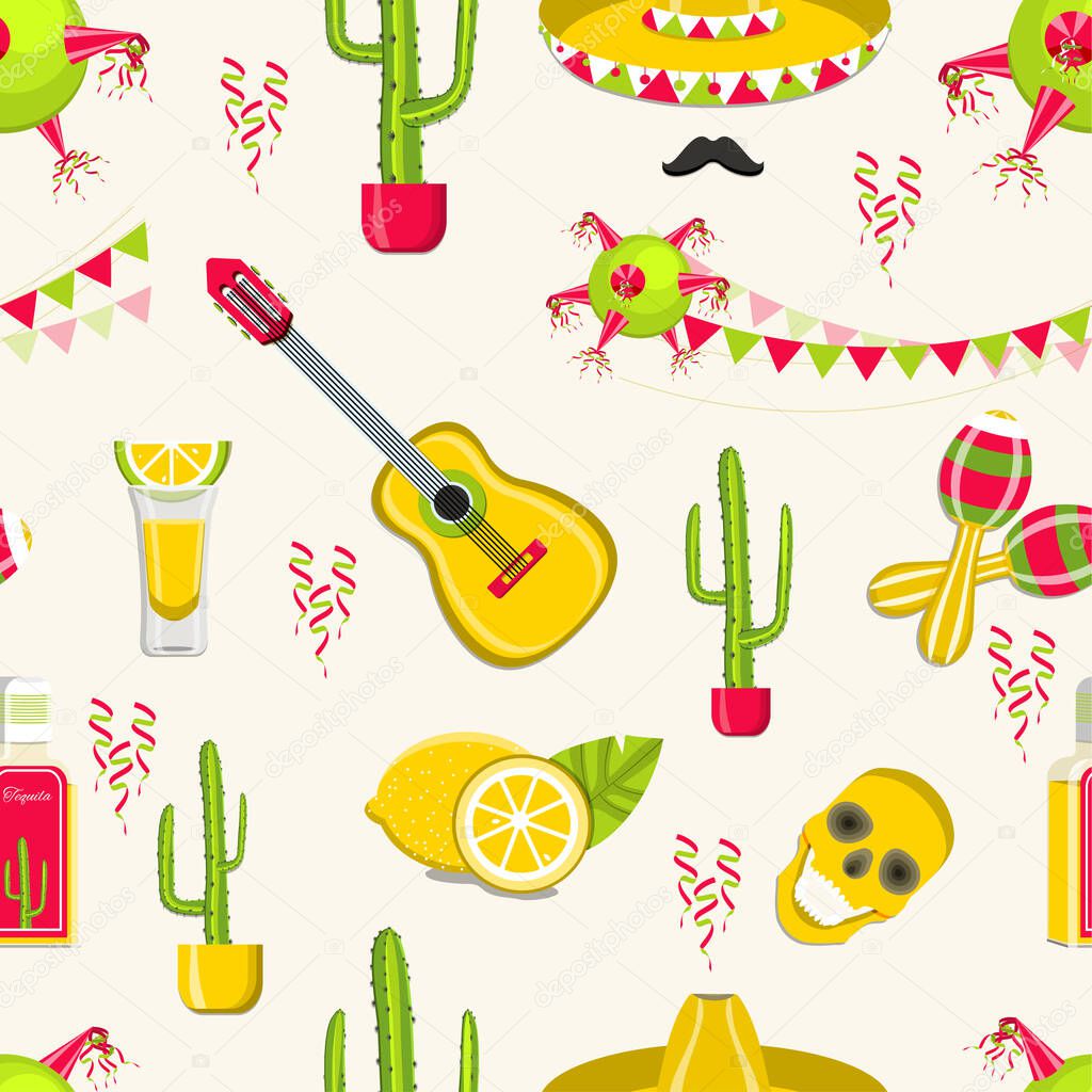 Vector seamless pattern with Mexico traditional celebration decor elements.