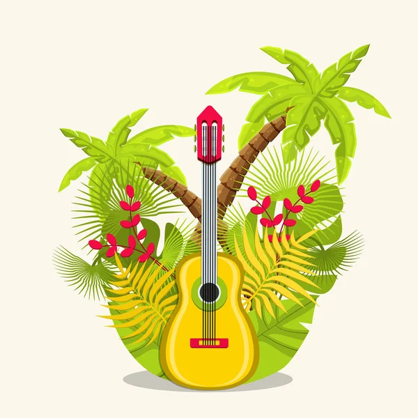 Gitar Vektör Çizimi Müzik Aletleri Çiçekli Yapraklı Gitar — Stok Vektör