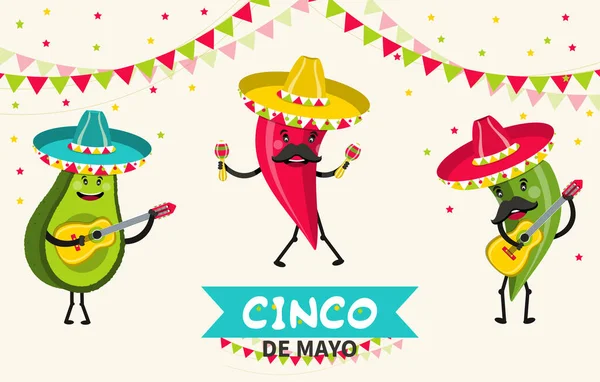 Personajes Divertidos Aguacate Pimienta Picante Cinco Mayo Mexican Holiday Ilustración — Archivo Imágenes Vectoriales