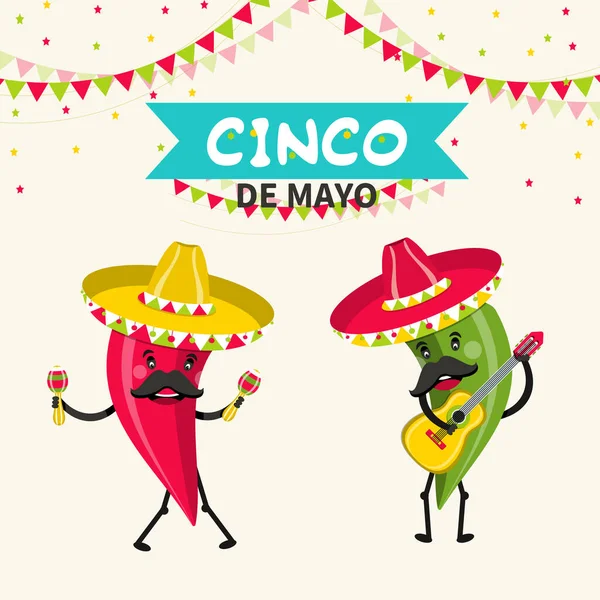 Personajes Divertidos Pimientos Picantes Cinco Mayo Mexican Holiday Ilustración Vectorial — Archivo Imágenes Vectoriales