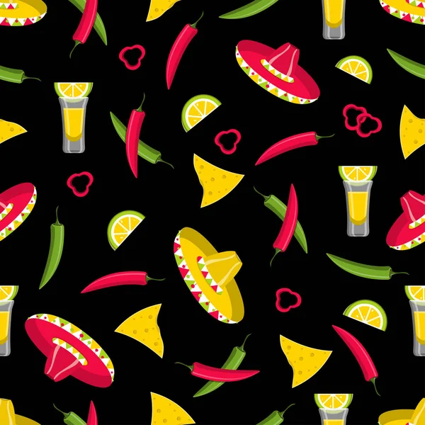 Seamless pattern with nachos,chili pepper, tequila and sombrero on black background. Mexican fast food texture for textile, wallpaper, background.