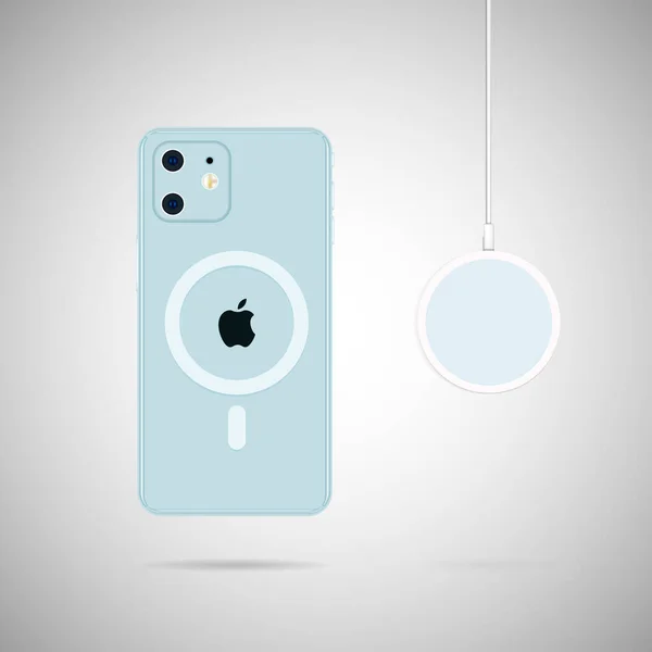 Vilnius, Litvanya - 02 Kasım 2020: MagSafe kablosuz şarj vektör çizimi ile iPhone.