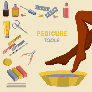 Ayak güzellik seti. Kadın pedikürü ve oje başvurusu. Vektör illüstrasyonu.