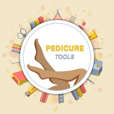 Ayak güzellik seti. Kadın pedikürü ve oje başvurusu. Vektör illüstrasyonu.