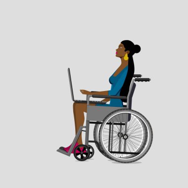 Tekerlekli sandalyedeki genç kız dizüstü bilgisayarla çalışıyor. Serbest çalışıyorum. vektör illüstrasyonu.