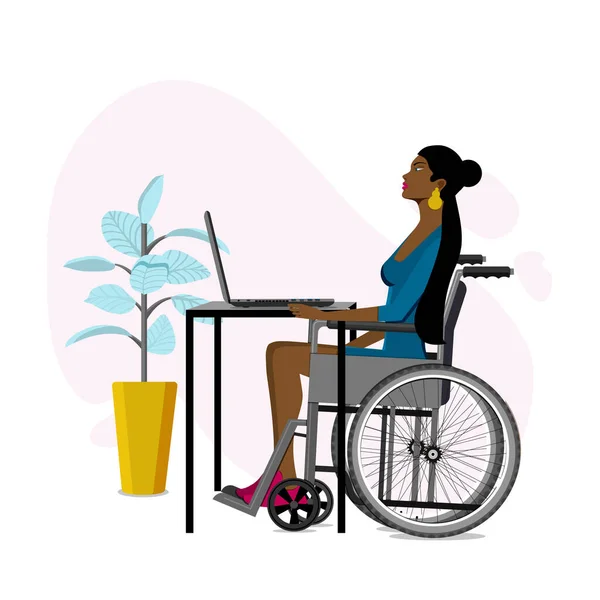 Jeune Fille Fauteuil Roulant Travaille Sur Ordinateur Portable Freelance Illustration — Image vectorielle