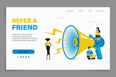 Refer a friend vector illustration concept. Group of young man and woman attracts customers. Referral program and social media marketing for friends. vector illustration. clipart