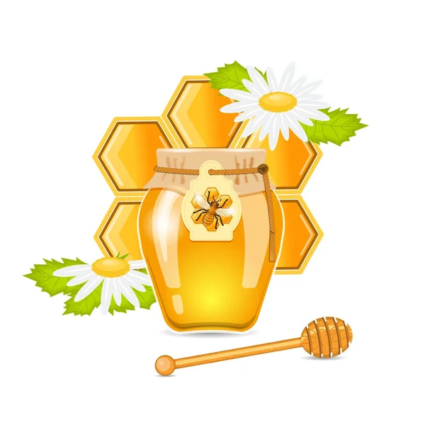 有蜂蜜和洋甘菊花的玻璃瓶 矢量说明 — 图库矢量图片
