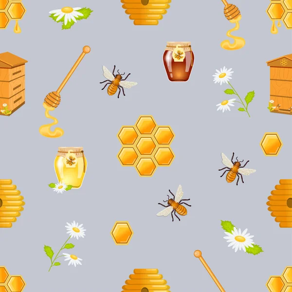 Motif Vectoriel Sans Couture Avec Abeilles Nid Abeille Fleurs Camomille — Image vectorielle