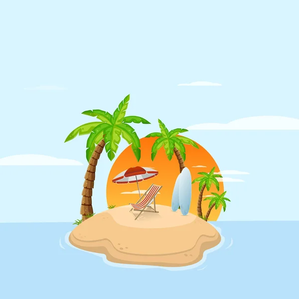 热带岛屿在海洋中 有棕榈树和日光浴床与冲浪板 沙滩上的海路 在度假胜地休息 矢量说明 — 图库矢量图片