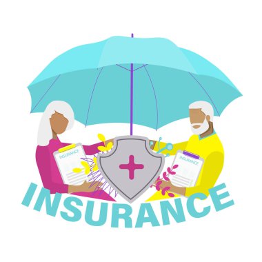 Yaşlıların refahı için sağlık ve sağlık sigortası kavramı. Sigorta poliçesi ve koruyucu şemsiyesi olan yaşlı çiftler. Düz vektör illüstrasyonu.