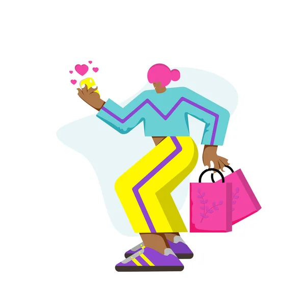 Girl Goes Shopping Talks Phone Hands Packages Vector Flat Illustration — Διανυσματικό Αρχείο