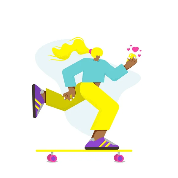 Girl Skateboard Mobile Phone Vector Flat Illustration — Stock Vector