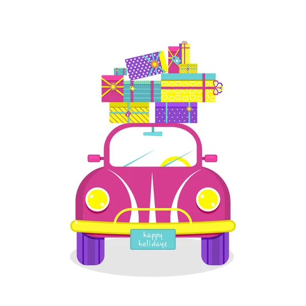 Auto Carrying Roof New Year Gifts Vector Illustration — Stock Vector