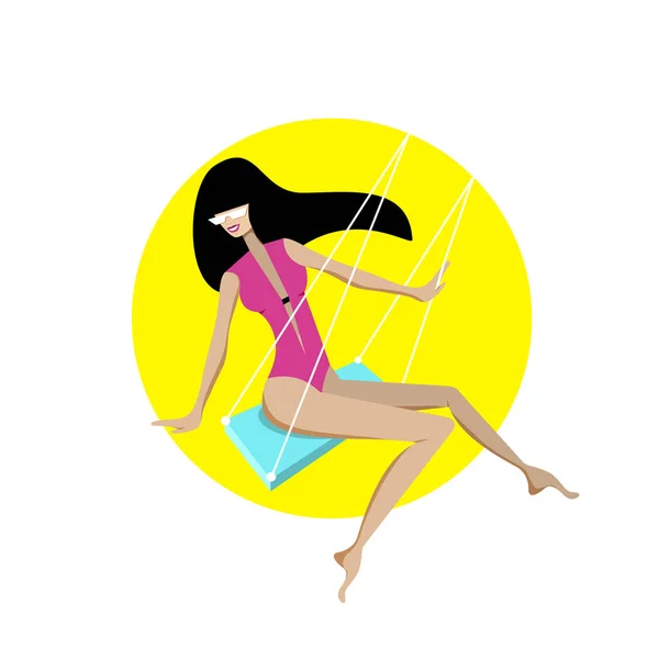 Jolie Fille Maillot Bain Équitation Swing Illustration Vectorielle Plate — Image vectorielle