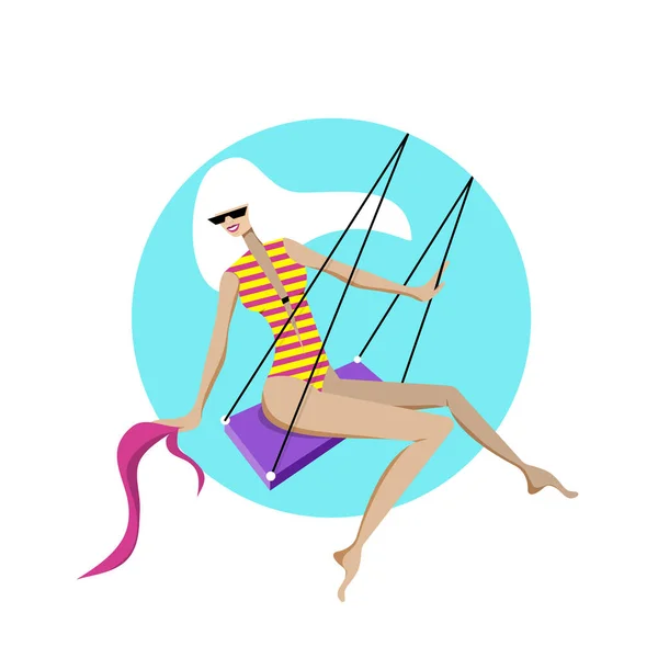 Jolie Fille Maillot Bain Équitation Swing Illustration Vectorielle Plate — Image vectorielle