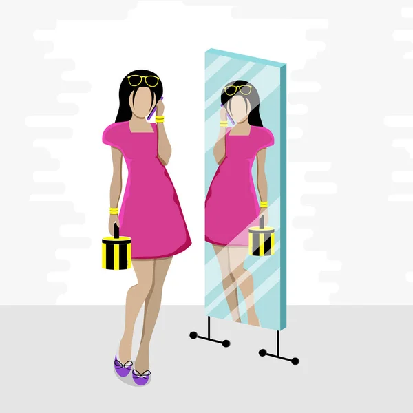 Fashionable Girl Talking Phone Looking Mirror Flat Vector Illustration — Stock Vector