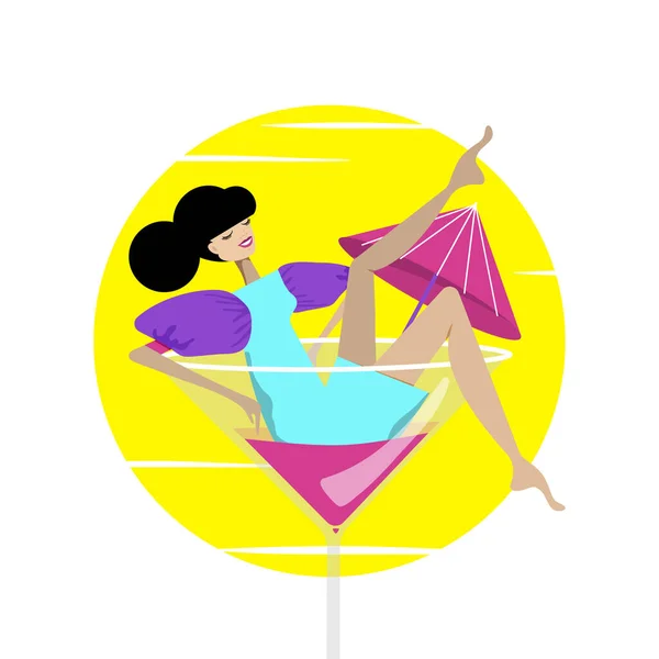 Nettes Mädchen Sitzt Auf Einem Hohen Cocktailglas Vektorillustration — Stockvektor
