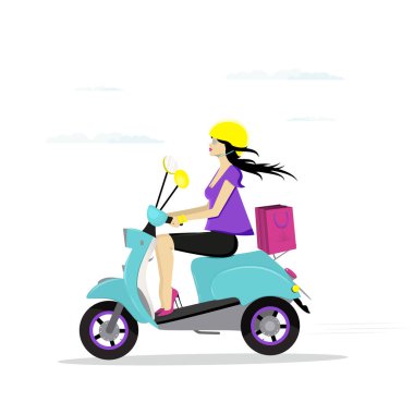 Scooter 'lı kız - mavi scooterlı esmerin vektör çizimi.