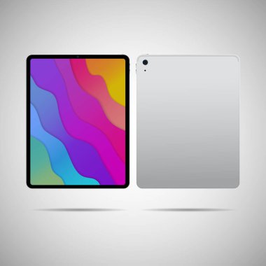 Gerçekçi tablet bilgisayar. Ön ve arka görünümü olan modaya uygun ince çerçeve tasarımında vektör illüstrasyonu. 