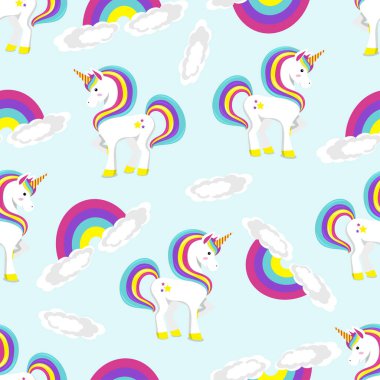 Gökkuşağının üzerinde duran tek boynuzlu at deseni. Düz vektör çizimi.