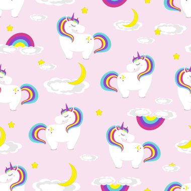 Sevimli tek boynuzlu atın Ay 'a ayak basma şekli. düz vektör illüstrasyonu.