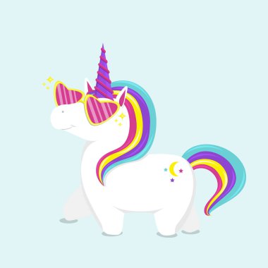 Pembe gözlüklü şirin tek boynuzlu at. Düz vektör çizimi.