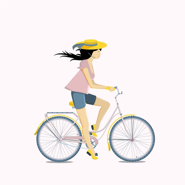 Pretty Young Woman Riding Bike Flat Vector Illustration — Stock Vector