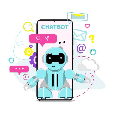 Chatbot robot sanal asistanı. Web sitesi ya da mobil uygulama konsepti, yapay zeka. Düz vektör illüstrasyonu.