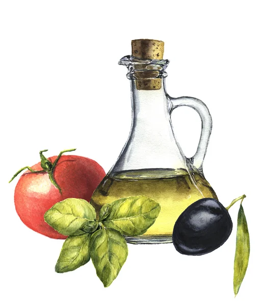 Acquerello cibo popolare mediterraneo: pomodoro, basilico, oliva e olio d'oliva . — Foto Stock