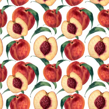 Şeftali ile el çizilmiş suluboya dikişsiz desen. Vintage meyve tarzı. Botanik İllüstrasyon beyaz izole. Baskı, tekstil, arka plan için tasarım. Parlak renk.